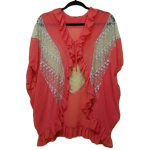 Ciel Usa Coral Ruffle Flowy Lace Boho Tie Blouse